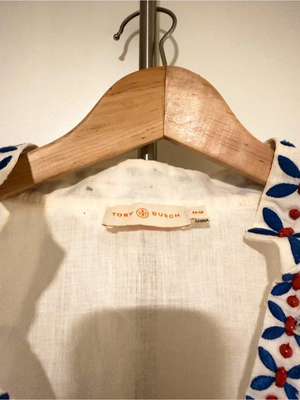 Tory Burch White Tunic with Blue Leaf & Red Dot Embroidery